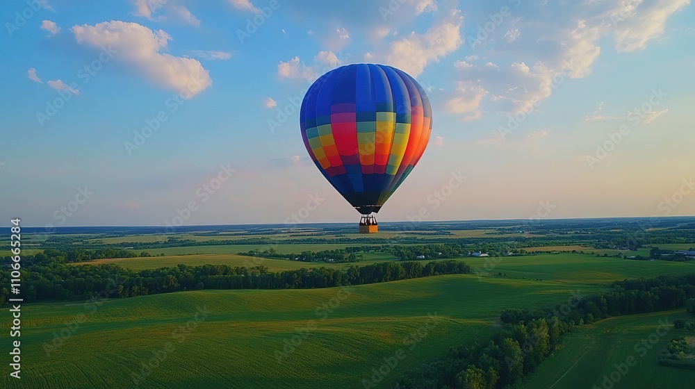 Naklejka premium Colorful hot air balloon floats over scenic landscape at sunset.