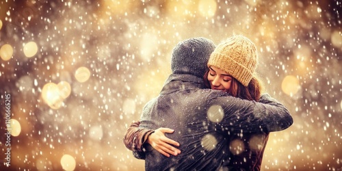 A couple embraces warmly in a snowy setting, conveying love and intimacy.