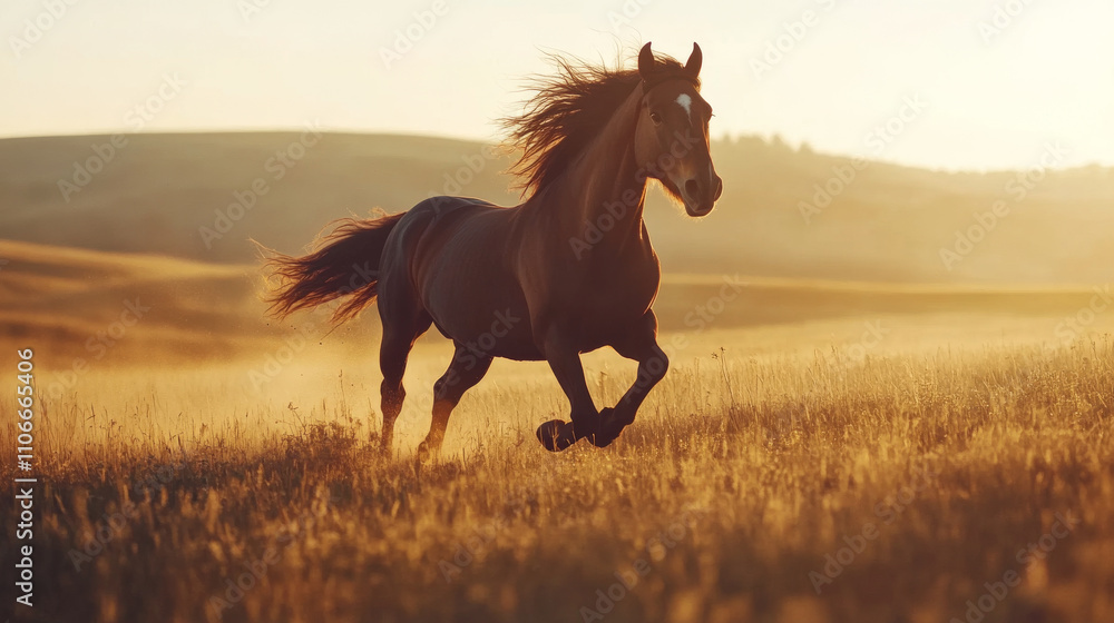 Majestic brown horse galloping freely in a sunlit field, with its mane flowing in the wind, capturing a sense of power and natural beauty, set against a serene countryside landscape Majestic brown horse galloping freely in a sunlit field, with its mane flowing in the wind, capturing a sense of power and natural beauty, set against a serene countryside landscape