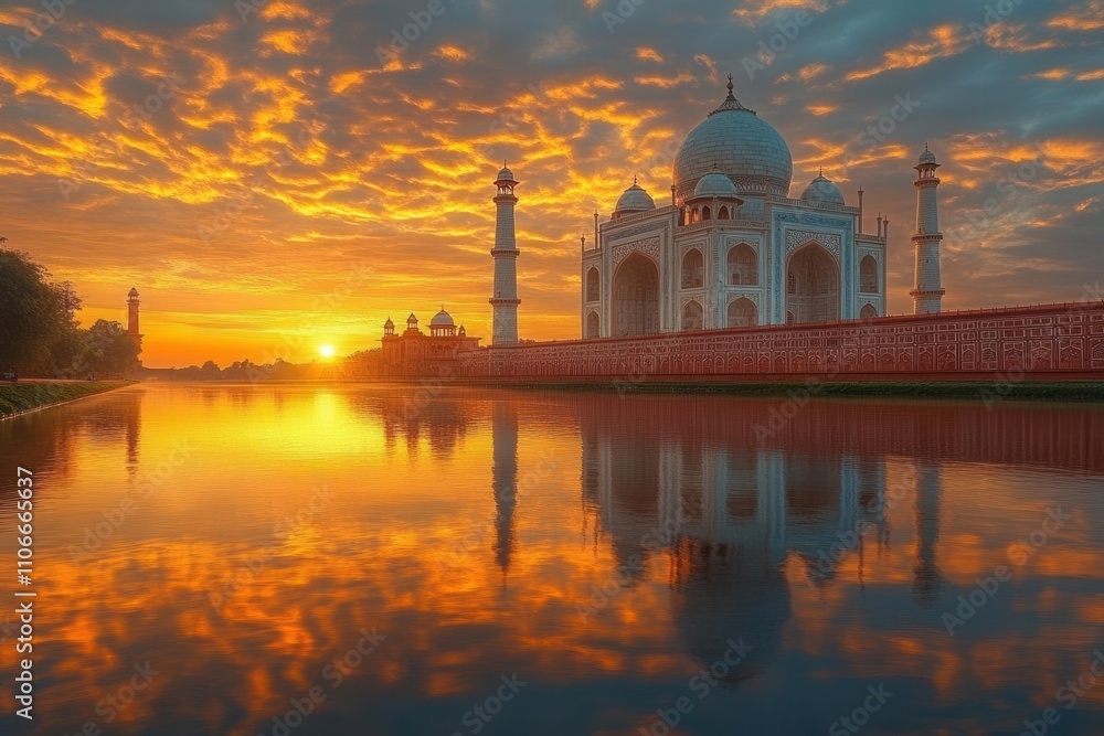 majestic taj mahal basking in the warm glow of a sunset, its intricate marble domes glowing with golden light, reflecting on the serene waters of the surrounding gardens, creating a breathtaking scene majestic taj mahal basking in the warm glow of a sunset, its intricate marble domes glowing with golden light, reflecting on the serene waters of the surrounding gardens, creating a breathtaking scene