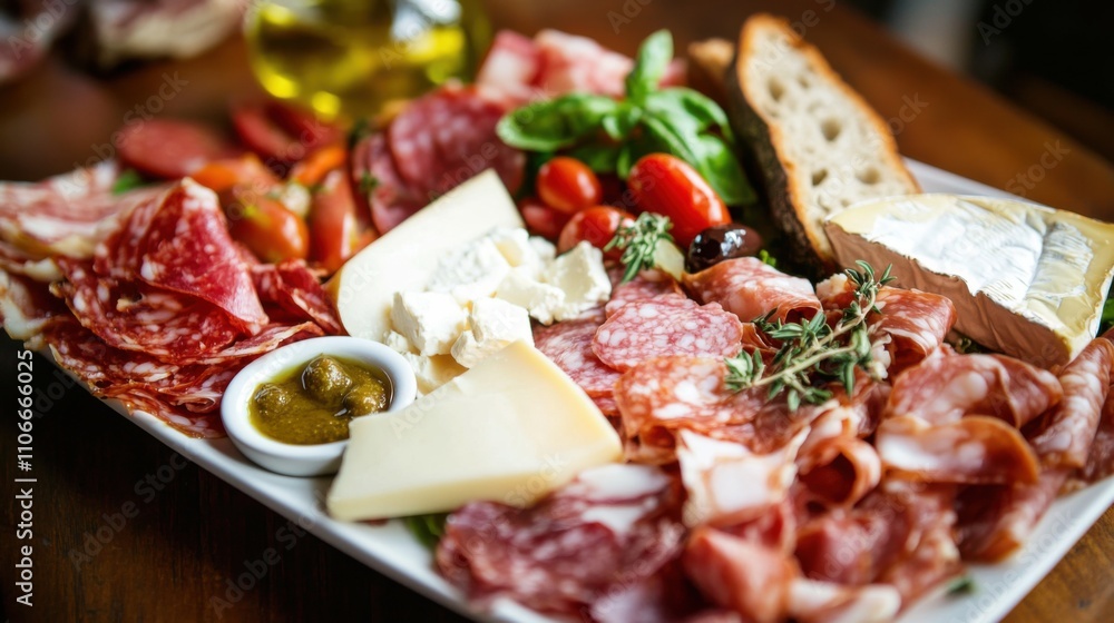 A platter of assorted Italian antipasto including cured meats, cheeses, and marinated vegetables A platter of assorted Italian antipasto including cured meats, cheeses, and marinated vegetables