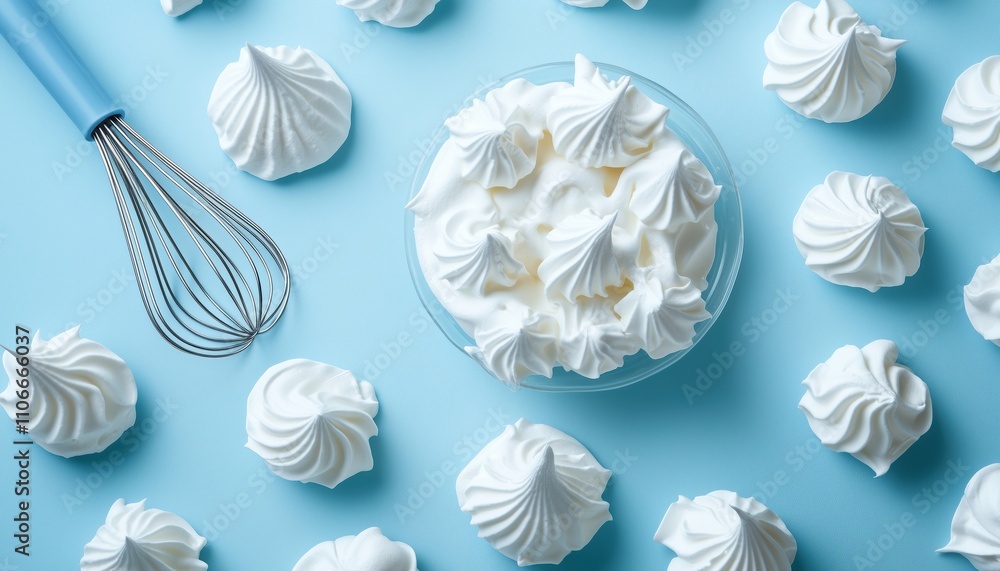 Retro Blue Meringue Cookies Made With Hand-Whipped Egg Whites, Baking Dessert With A Top View. Vintage-Inspired Treat. Retro Blue Meringue Cookies Made With Hand-Whipped Egg Whites, Baking Dessert With A Top View. Vintage-Inspired Treat.