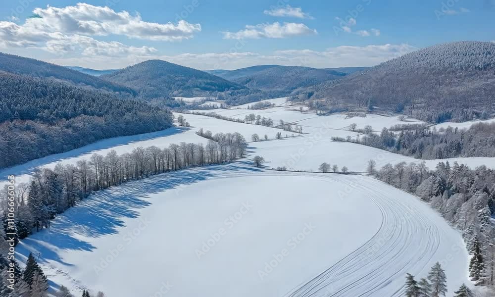 A serene winter landscape with snow-covered fields and mountains under a clear blue sky. A serene winter landscape with snow-covered fields and mountains under a clear blue sky.