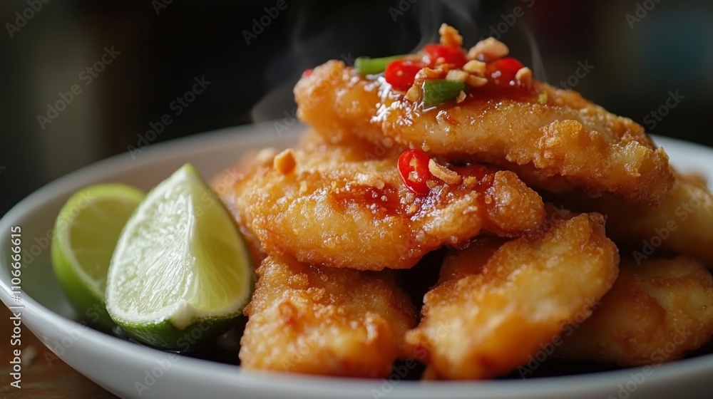 Crispy Fried Fish with Chili Sauce and Lime Slices on Plate Crispy Fried Fish with Chili Sauce and Lime Slices on Plate
