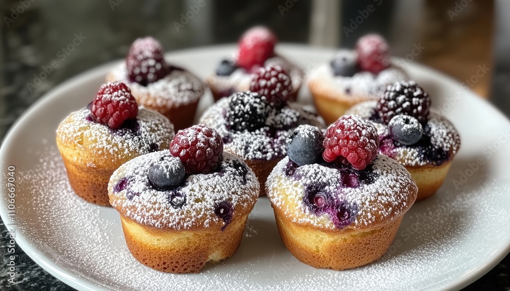 Delicious Blueberry Muffins Topped With Powdered Sugar And Fresh Berries For A Sweet And Fruity Breakfast Treat. Perfect For Brunch! Delicious Blueberry Muffins Topped With Powdered Sugar And Fresh Berries For A Sweet And Fruity Breakfast Treat. Perfect For Brunch!