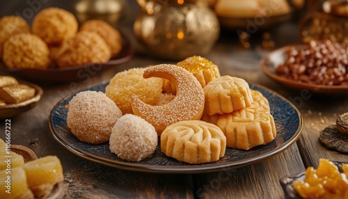 Traditional Arabic Eid Al Adha, Eid Al Fitr, And Ramadan Sweets - Variety Of Semolina Maamoul, Awameh, Lokma With Dallah And Crescent Moon Decoration. photo