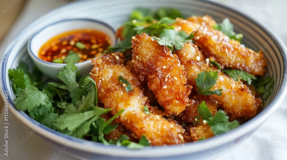Crispy Fried Chicken Strips with Fresh Herbs and Dipping Sauce Crispy Fried Chicken Strips with Fresh Herbs and Dipping Sauce