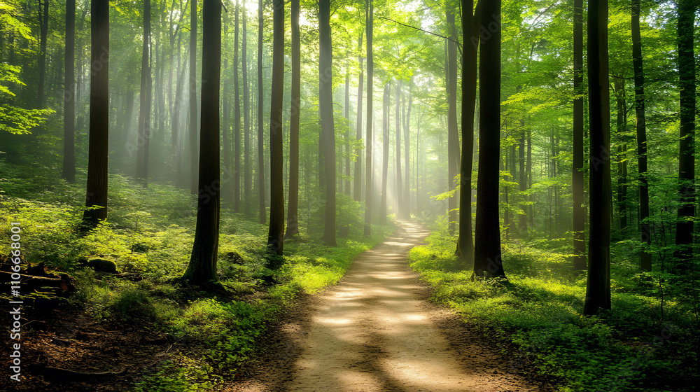 Obraz premium Serene Forest Trail with Sunlit Trees
