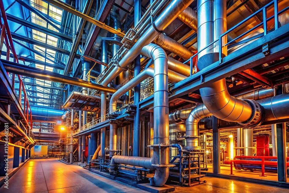Obraz premium Modern Industrial Facility Piping Daytime View - AI Photorealistic