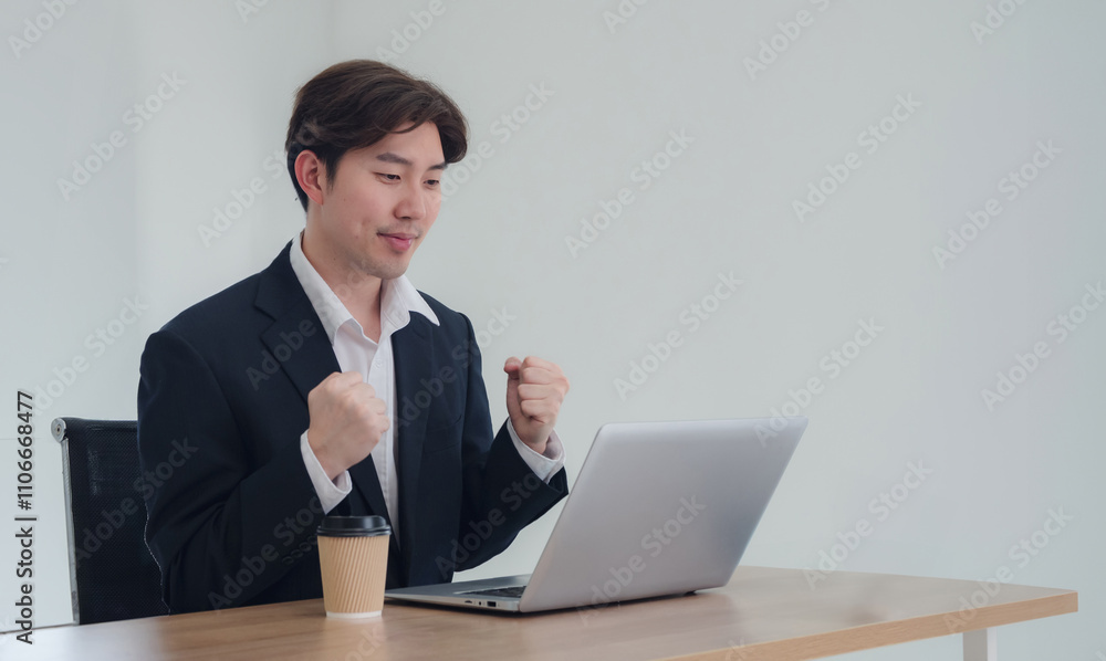 Business man manager employee asian one person sitting on desk look smile happy enjoy and determined expression hand holding laptop notebook ready for working online sale inside room office company Business man manager employee asian one person sitting on desk look smile happy enjoy and determined expression hand holding laptop notebook ready for working online sale inside room office company