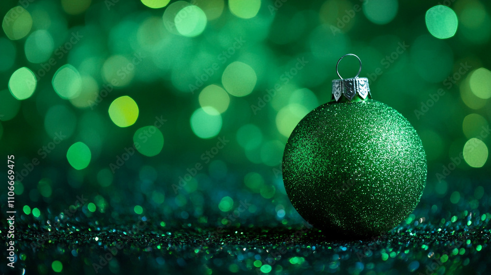 Green glittery Christmas ornament shines against a sparkling background Green glittery Christmas ornament shines against a sparkling background