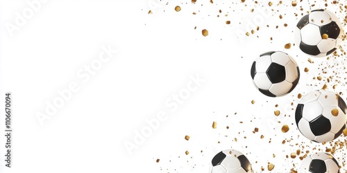 Wallpaper with soccer balls, white background with copy space. Sports template. Banner for birthday cards, invitations, football-themed advertisements