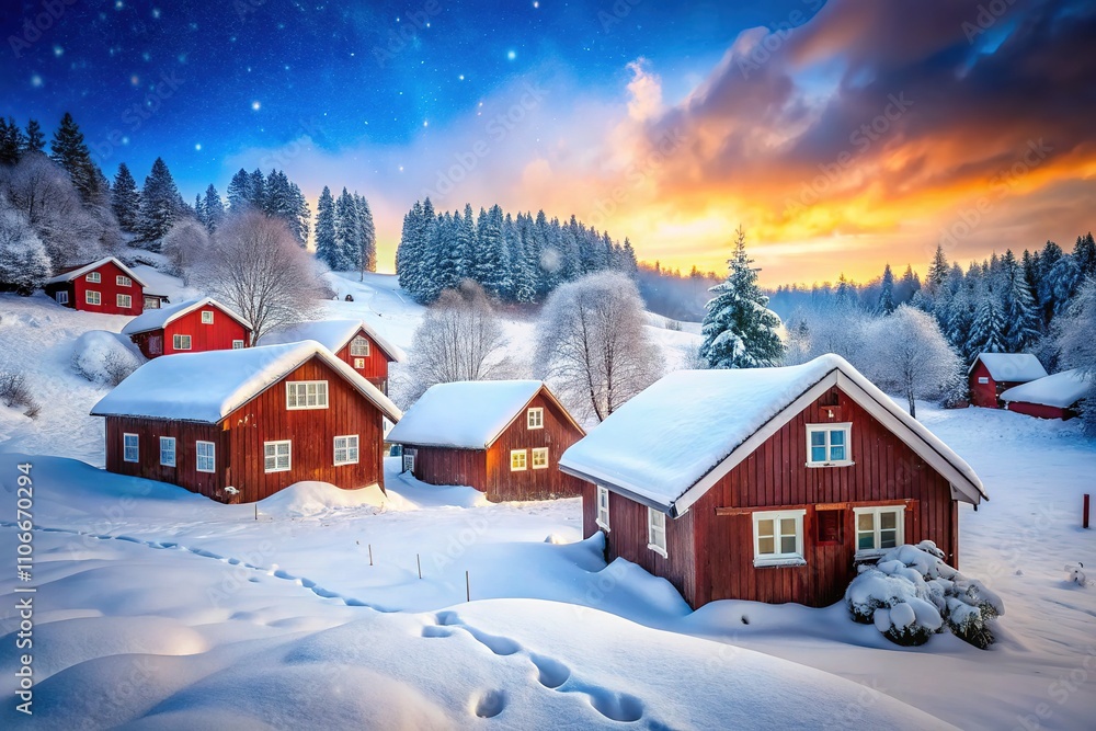 Naklejka premium Snowy Winter Villa, Red Wooden Houses, Long Exposure, AI Photo