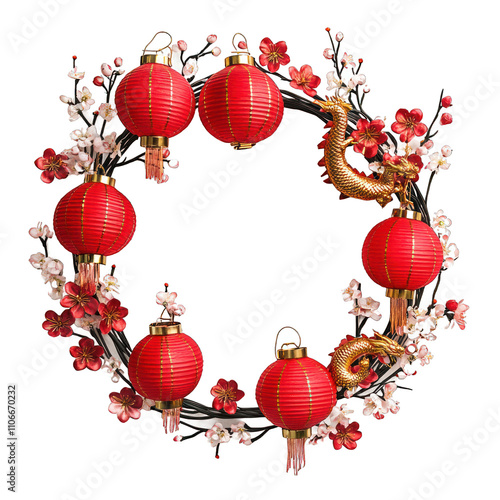 Wallpaper Mural Vibrant Circular Wreath with Red Lanterns and Blossoms for Chinese New Year Celebrations, Featuring a Decorative Dragon in a Festive Frame Torontodigital.ca