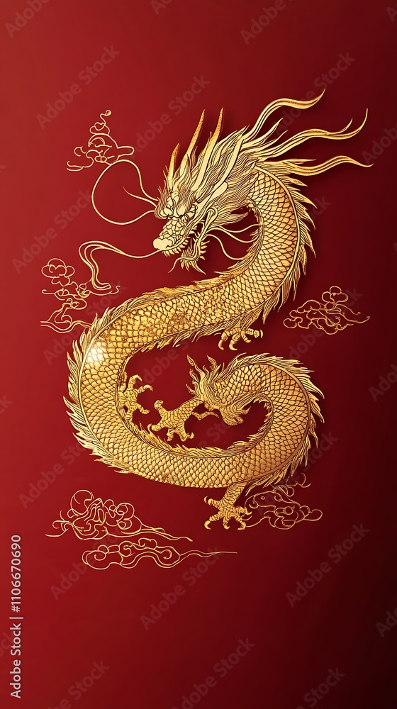 Golden dragon coiled on red background. Golden dragon coiled on red background.
