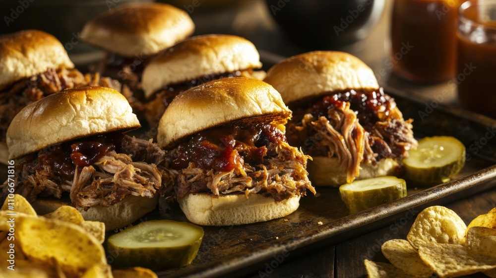 A platter of assorted sliders featuring pulled pork, brisket, and BBQ chicken A platter of assorted sliders featuring pulled pork, brisket, and BBQ chicken