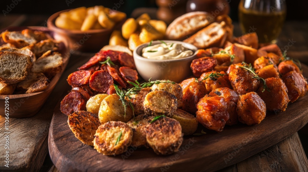 A platter of assorted Spanish tapas including patatas bravas, chorizo, and croquettes A platter of assorted Spanish tapas including patatas bravas, chorizo, and croquettes