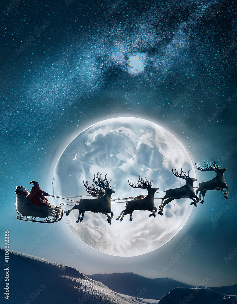 Obraz premium Santa Claus flies his sleigh pulled by reindeer through a starry night sky with a full moon