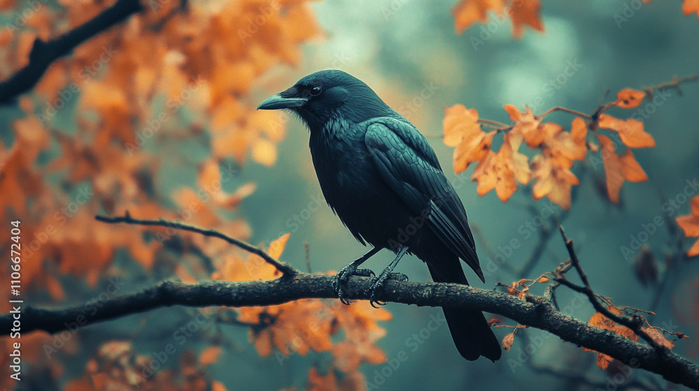 A black crow perches on a branch with orange and teal colored leaves A black crow perches on a branch with orange and teal colored leaves