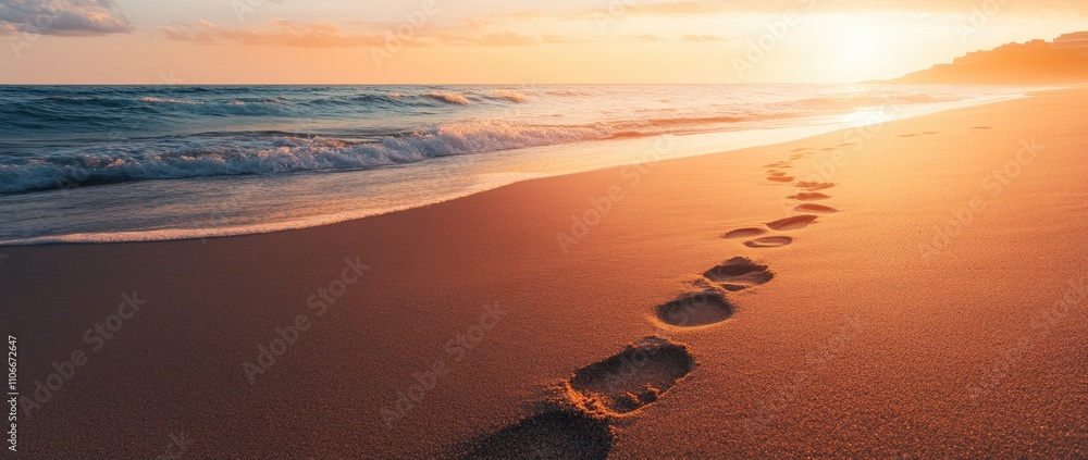 Footprints in the Sand on Beach at Sunset, Copy Space for Travel, Vacation, and Summer Holiday Banner Footprints in the Sand on Beach at Sunset, Copy Space for Travel, Vacation, and Summer Holiday Banner
