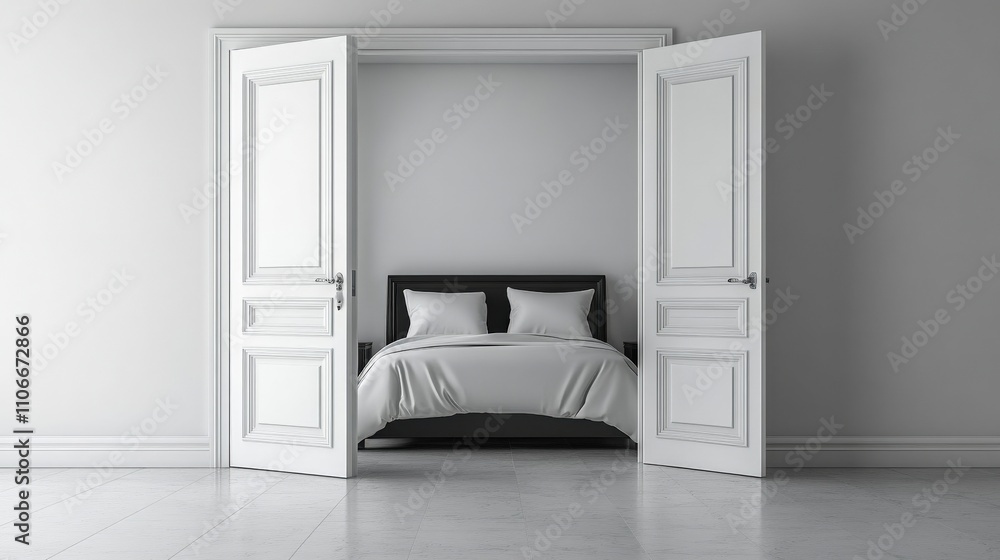 Modern luxury bedroom featuring a double bed with a sleek black-stained frame Modern luxury bedroom featuring a double bed with a sleek black-stained frame