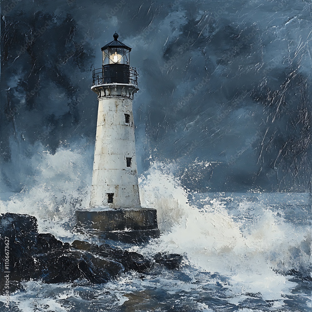 Lighthouse standing strong against stormy sea waves at night. Lighthouse standing strong against stormy sea waves at night.