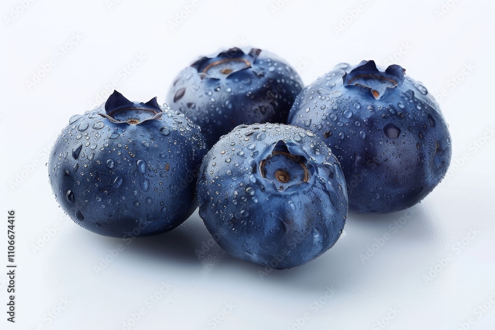 Close-up of Four Blueberries with Water Droplets. White Background. Close-up of Four Blueberries with Water Droplets. White Background.