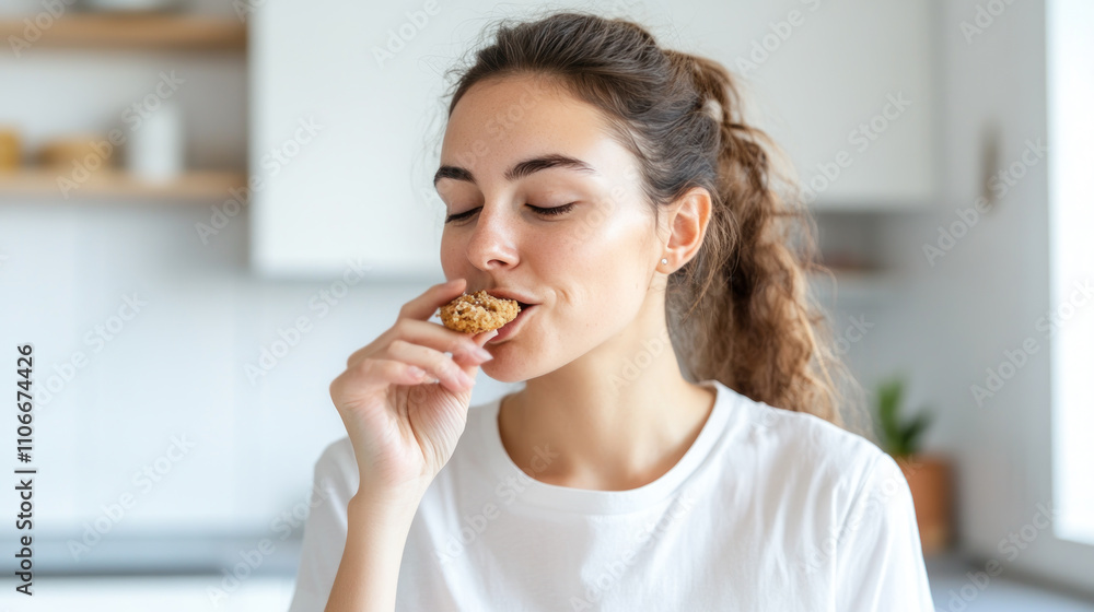 Australian woman grabbing eating cookies at kitchen, enjoy family tradition Australian woman grabbing eating cookies at kitchen, enjoy family tradition