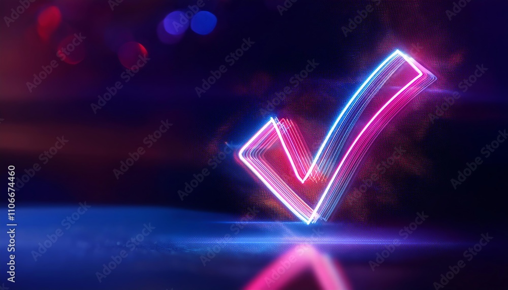 A vibrant neon check mark glows against a blurred background, symbolizing approval or completion in a modern digital style. A vibrant neon check mark glows against a blurred background, symbolizing approval or completion in a modern digital style.
