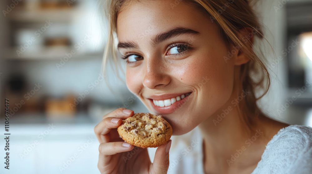 Australian woman grabbing eating cookies at kitchen, enjoy family tradition Australian woman grabbing eating cookies at kitchen, enjoy family tradition