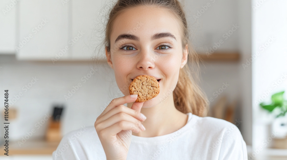 Australian woman grabbing eating cookies at kitchen, enjoy family tradition Australian woman grabbing eating cookies at kitchen, enjoy family tradition