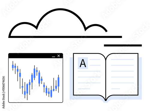 Graph window displaying fluctuating data, cloud icon, and open book with a letter A. Ideal for data analysis, cloud computing, education, digital learning, online studies, financial analysis remote