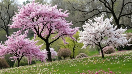 Poster encadré  Enchanted spring meadow garden with blooming trees and copy space in center round frame, magic, background  © Chalermrach