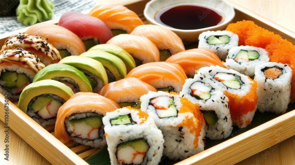 A platter of assorted sushi rolls featuring spicy salmon rolls, California rolls, and avocado rolls A platter of assorted sushi rolls featuring spicy salmon rolls, California rolls, and avocado rolls