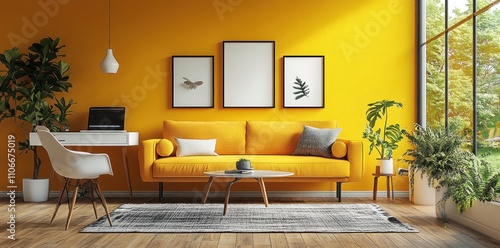 Wallpaper Mural Modern Yellow Living Room With Plants And Artwork Torontodigital.ca