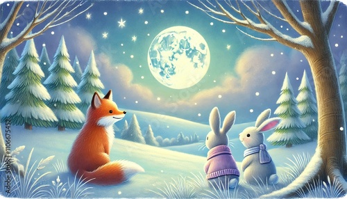 Whimsical Winter Night: Two Rabbits and a Fox Gazing Peacefully into a Moonlit Snowy Horizon in Pastel Hues