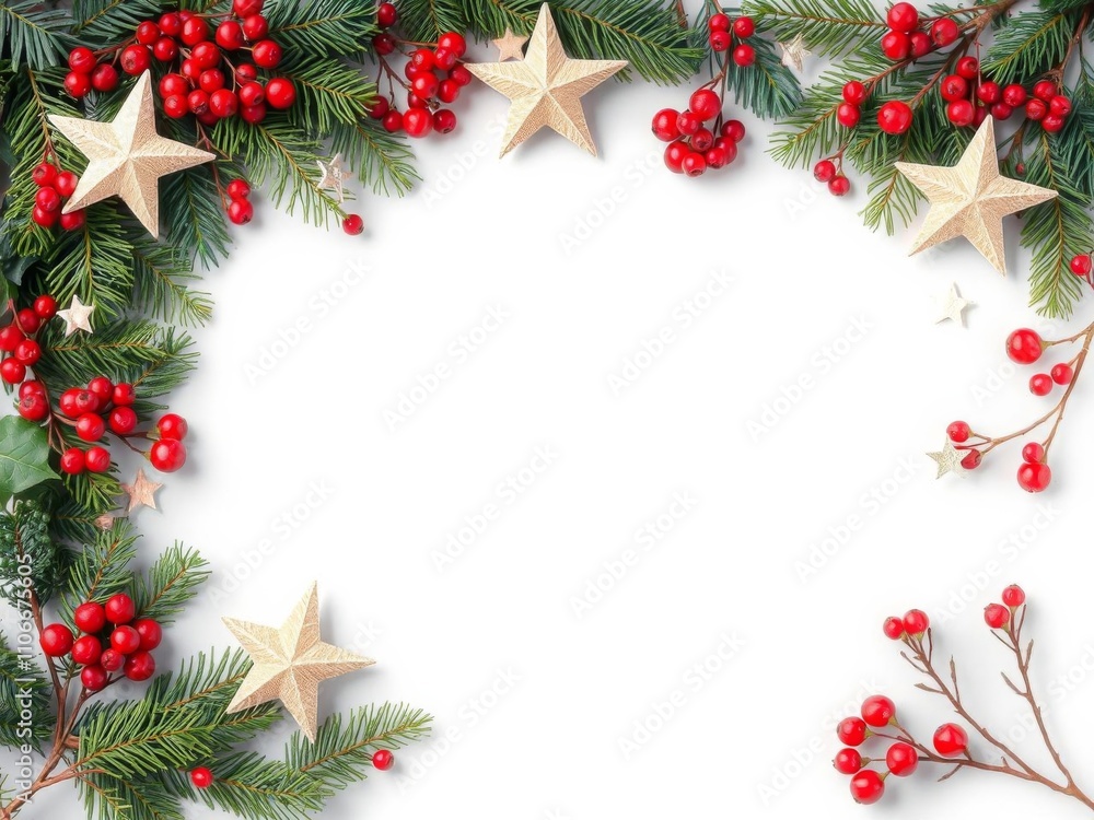 Frame of realistic Christmas tree branches, adorned with stars and berries in a naive style, with a large empty space in the center for text or logos, festive, stars Frame of realistic Christmas tree branches, adorned with stars and berries in a naive style, with a large empty space in the center for text or logos, festive, stars