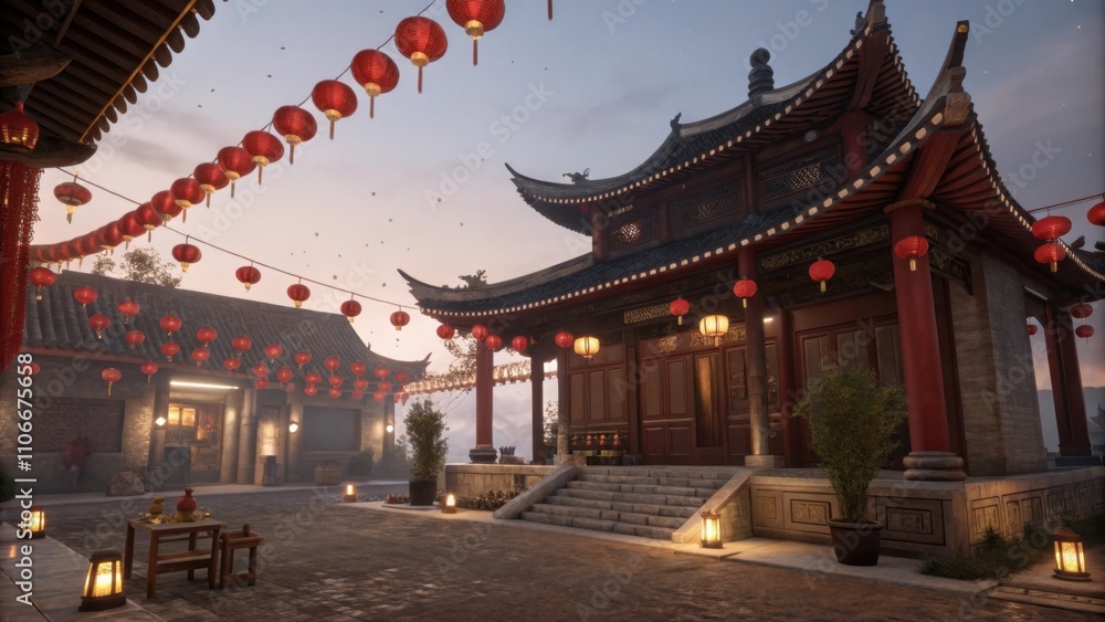 Temple Visit A serene virtual temple adorned with red decorations invites users to offer incense and make wishes for the new year. Users can engage in a prayer ritual learn about