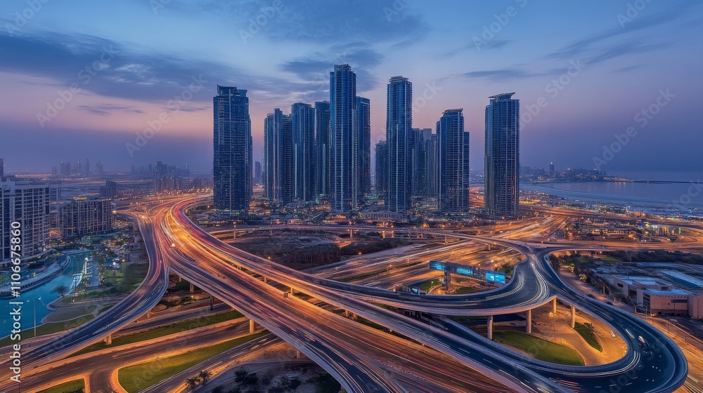 Fototapeta premium Stunning Aerial View of Urban Cityscape at Twilight with Highways