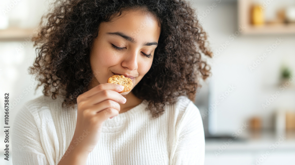 Hispanic woman grabbing eating cookies at kitchen, enjoy family tradition Hispanic woman grabbing eating cookies at kitchen, enjoy family tradition