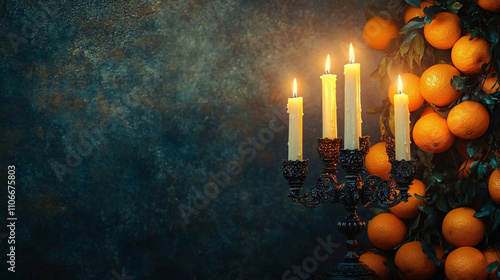 Elegant candelabrum with flickering candles casts warm light against a textured dark wall, perfect for Hanukkah celebrations or festive events, with oranges adding vibrancy. photo