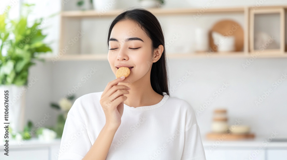 Indonesian woman grabbing eating cookies at kitchen, enjoy family tradition Indonesian woman grabbing eating cookies at kitchen, enjoy family tradition