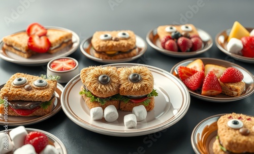 cute food art, creative sandwiches with googly eyes, playful breakfast theme, vibrant colors, plates with strawberries and marshmallows, whimsical presentation, detailed textures, fun and imaginative,