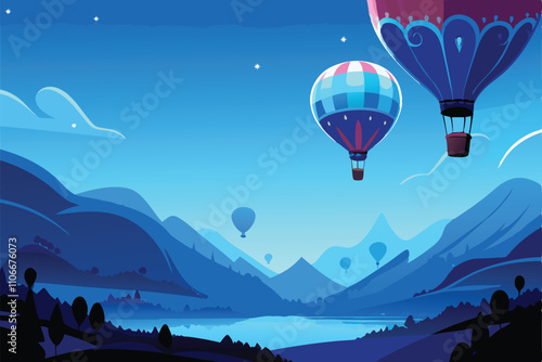 Vibrant, whimsical hot air balloons of varying shapes and colors drift serenely above a majestic, sun-drenched mountain range at sunrise.