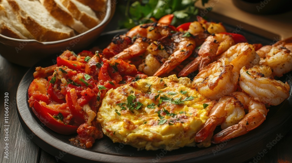 A platter of assorted tapas including Spanish tortilla, garlic shrimp, and stuffed peppers A platter of assorted tapas including Spanish tortilla, garlic shrimp, and stuffed peppers