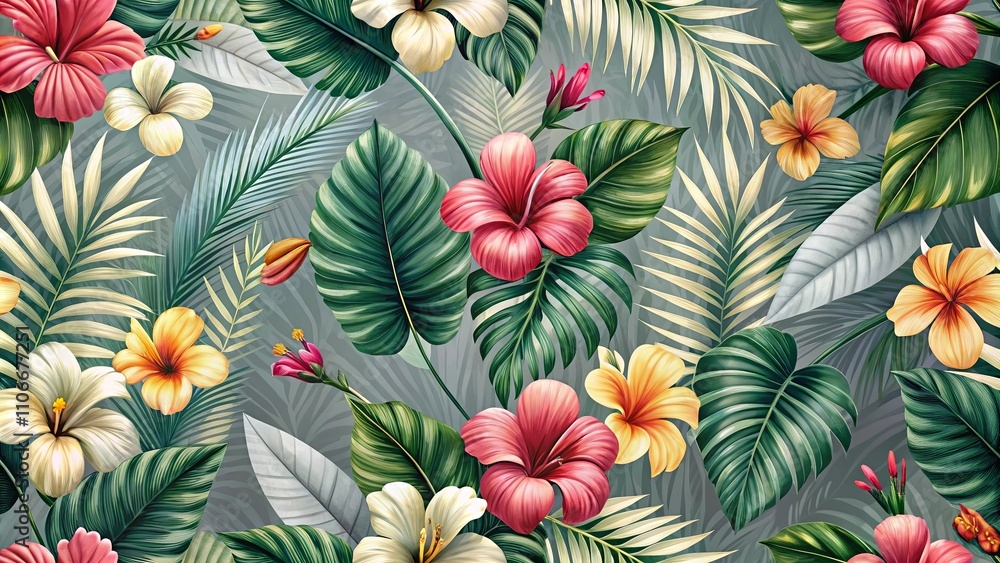 A vibrant, tropical floral pattern featuring a medley of colorful hibiscus and other exotic blooms interspersed with lush, textured foliage. A vibrant, tropical floral pattern featuring a medley of colorful hibiscus and other exotic blooms interspersed with lush, textured foliage.