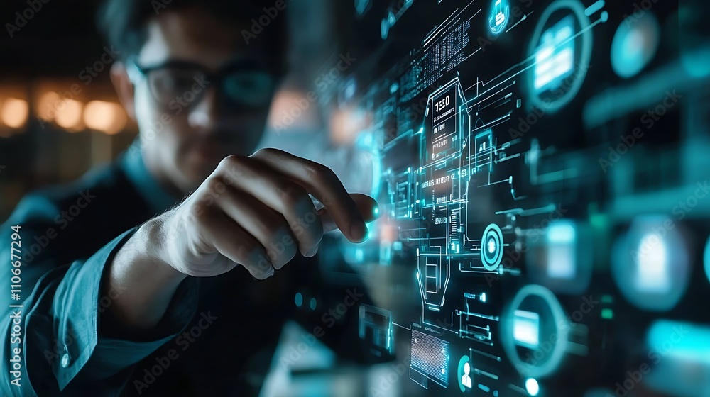 Businessman working with virtual panel on dark office background. Mixed media - Generated AI Businessman working with virtual panel on dark office background. Mixed media - Generated AI