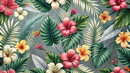 Wallpaper Mural A vibrant, tropical floral pattern featuring a medley of colorful hibiscus and other exotic blooms interspersed with lush, textured foliage. Torontodigital.ca