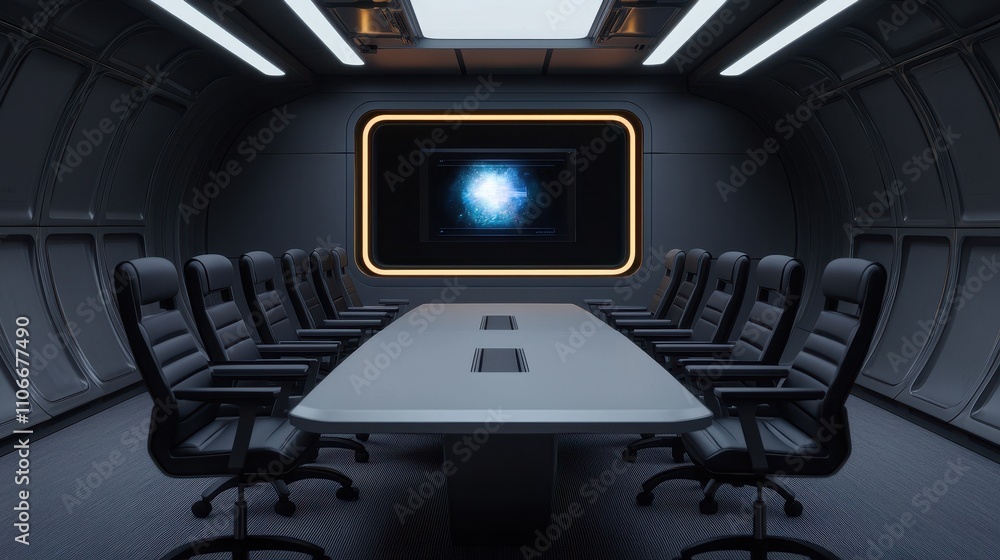 Naklejka premium Modern Conference Room Design with Futuristic Technology Elements