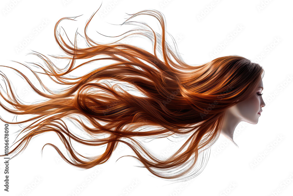 Long wavy hair tossed by the wind, captured in 3D on an isolated white backdrop. Long wavy hair tossed by the wind, captured in 3D on an isolated white backdrop.